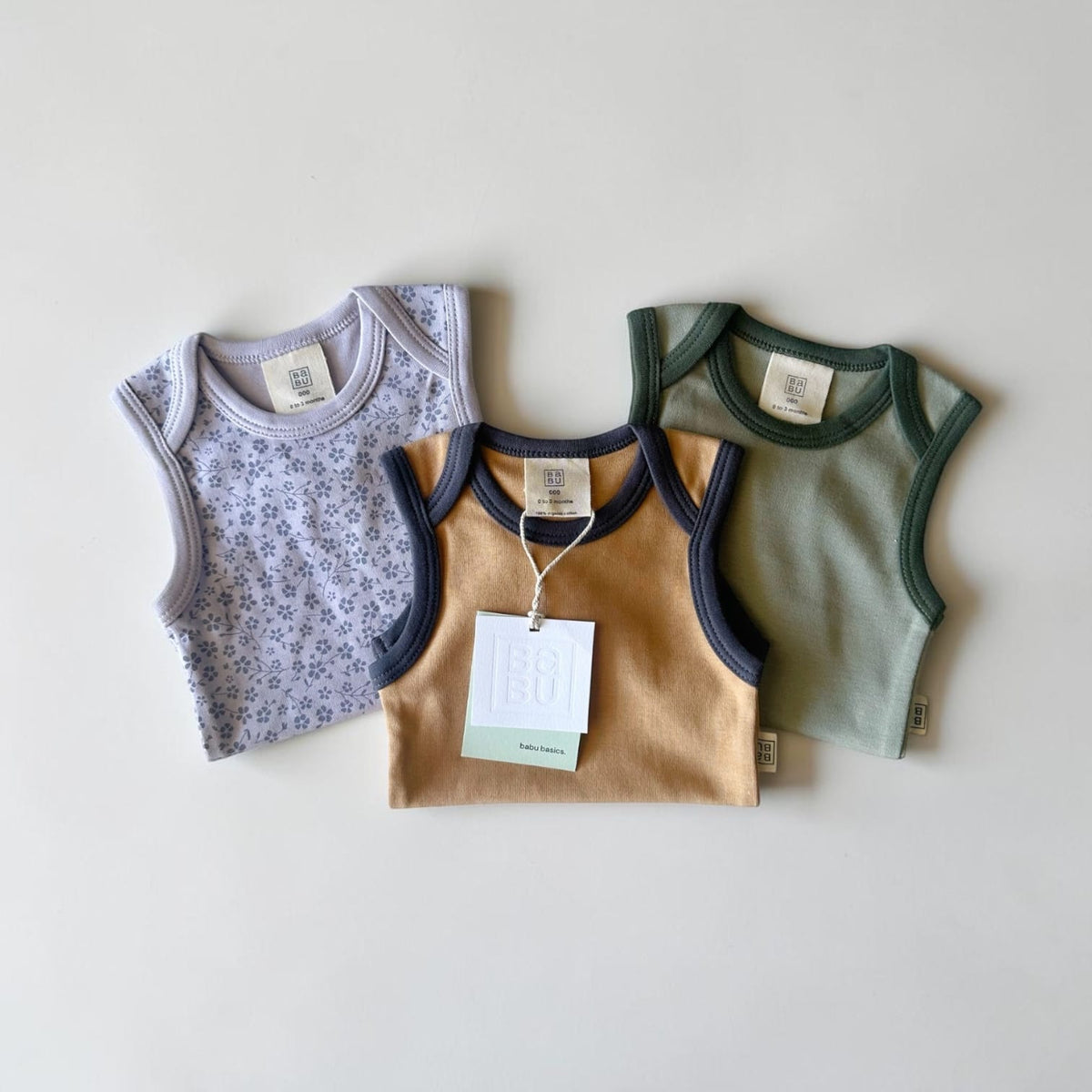 BABU Organic Cotton Singlet Bodysuit – Sage, Marigold and Ditsy Floral 0–3M by Babu