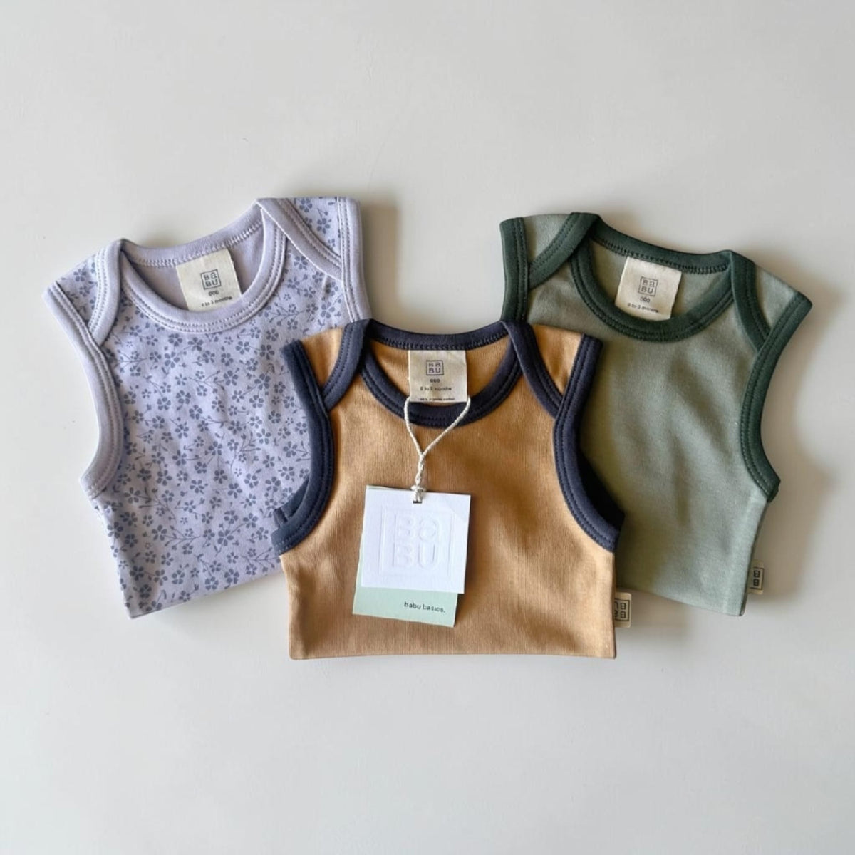 BABU Organic Cotton Singlet Bodysuit – Sage, Marigold and Ditsy Floral 0–3M by Babu