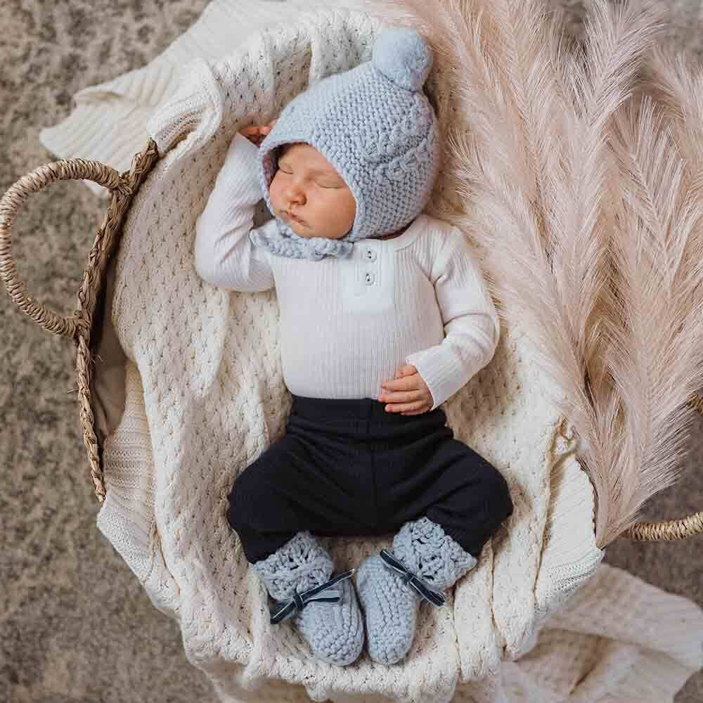 Blue Merino Wool Bonnet & Booties by Snuggle Hunny
