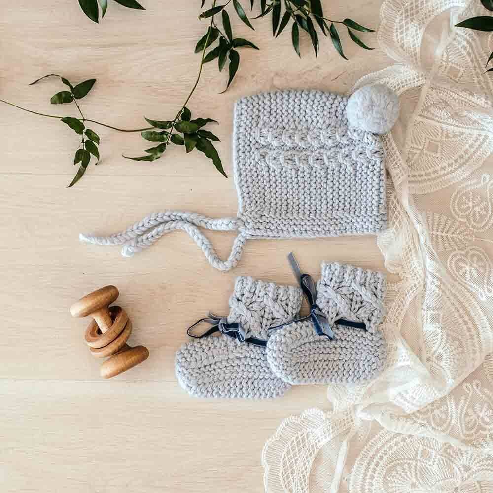 Blue Merino Wool Bonnet & Booties by Snuggle Hunny