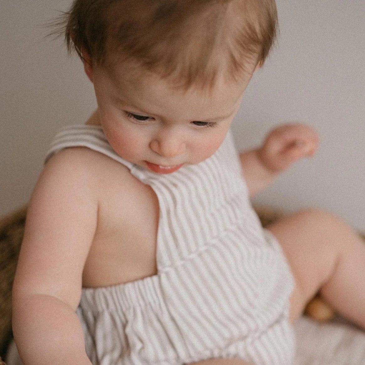 Charlie Baby Romper in Oatmeal Stripes by blue daisy