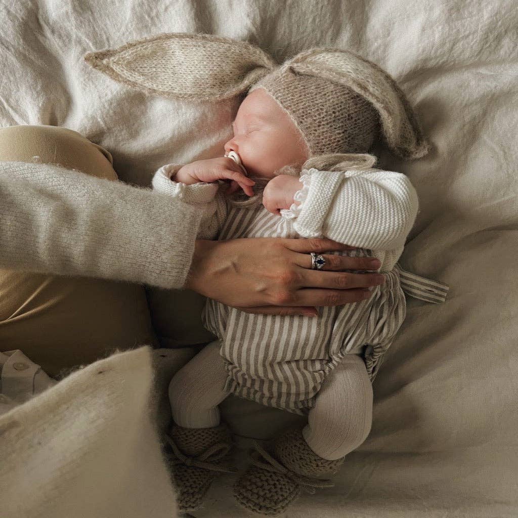 Charlie Romper in Oatmeal Stripes: Newborn by blue daisy