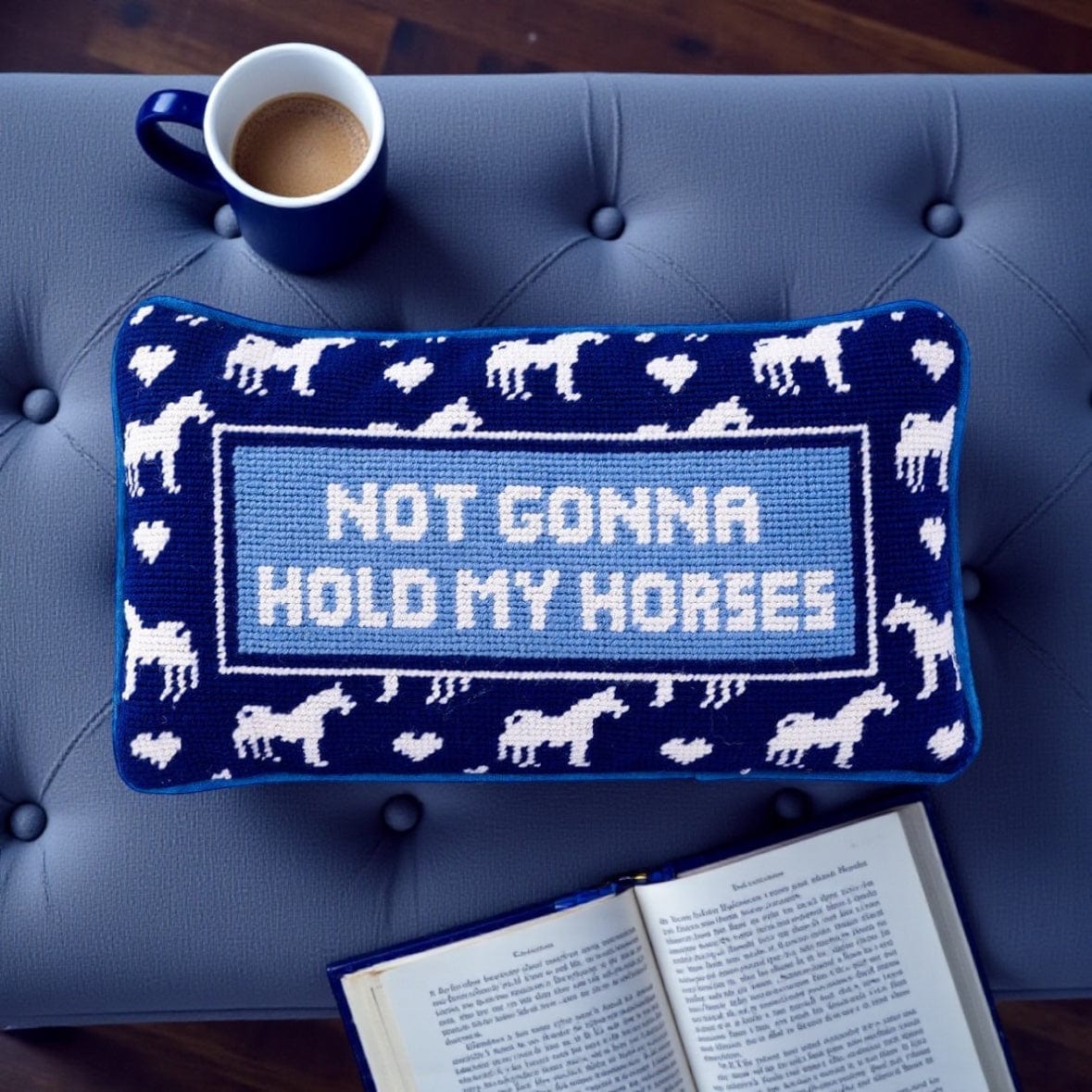 Furbish Studio Hold My Horses Needlepoint Pillow by Furbish Studio