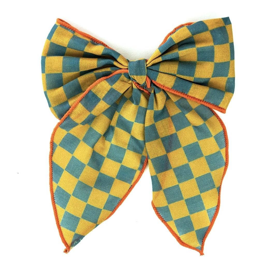 Grech & Co. Fable Hair Bow – Mid Size Organic Cotton Clip | Patterned Retro Collection Laguna and Wheat Check by Grech & Co.