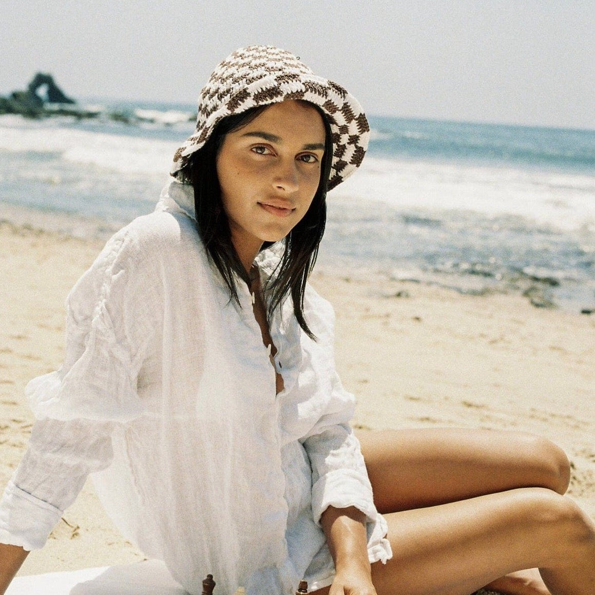 Knit Bucket Hat Emilia in Taupe Checker by PETITES REVERIES