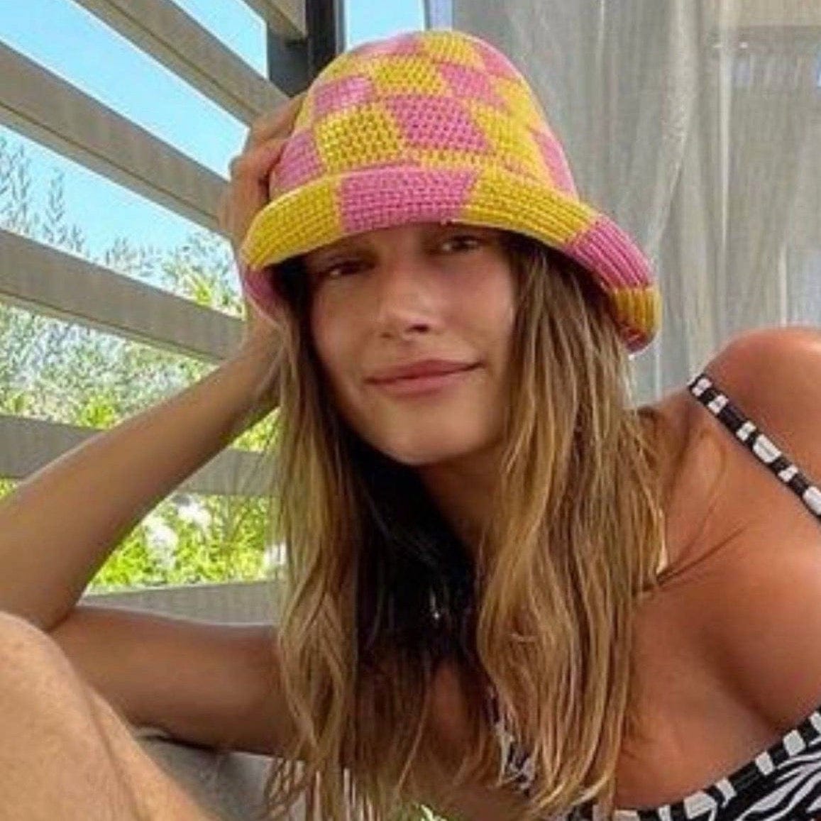 Knit Bucket Hat Harmon Hat in Pink and Yellow by PETITES REVERIES