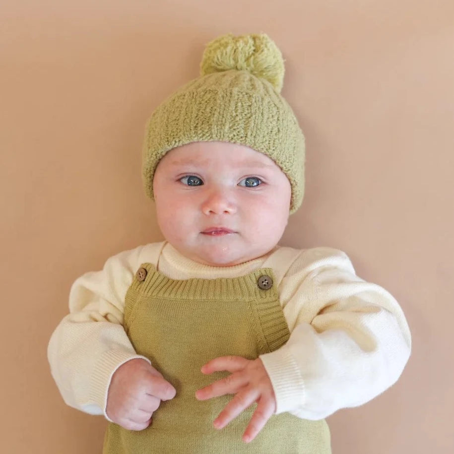 Grown Clothing Merino Wool Pom Pom Baby Beanie in Sage Claya