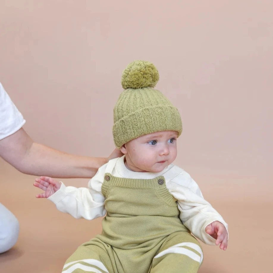 Merino Wool Pom Pom Beanie in Sage by Grown