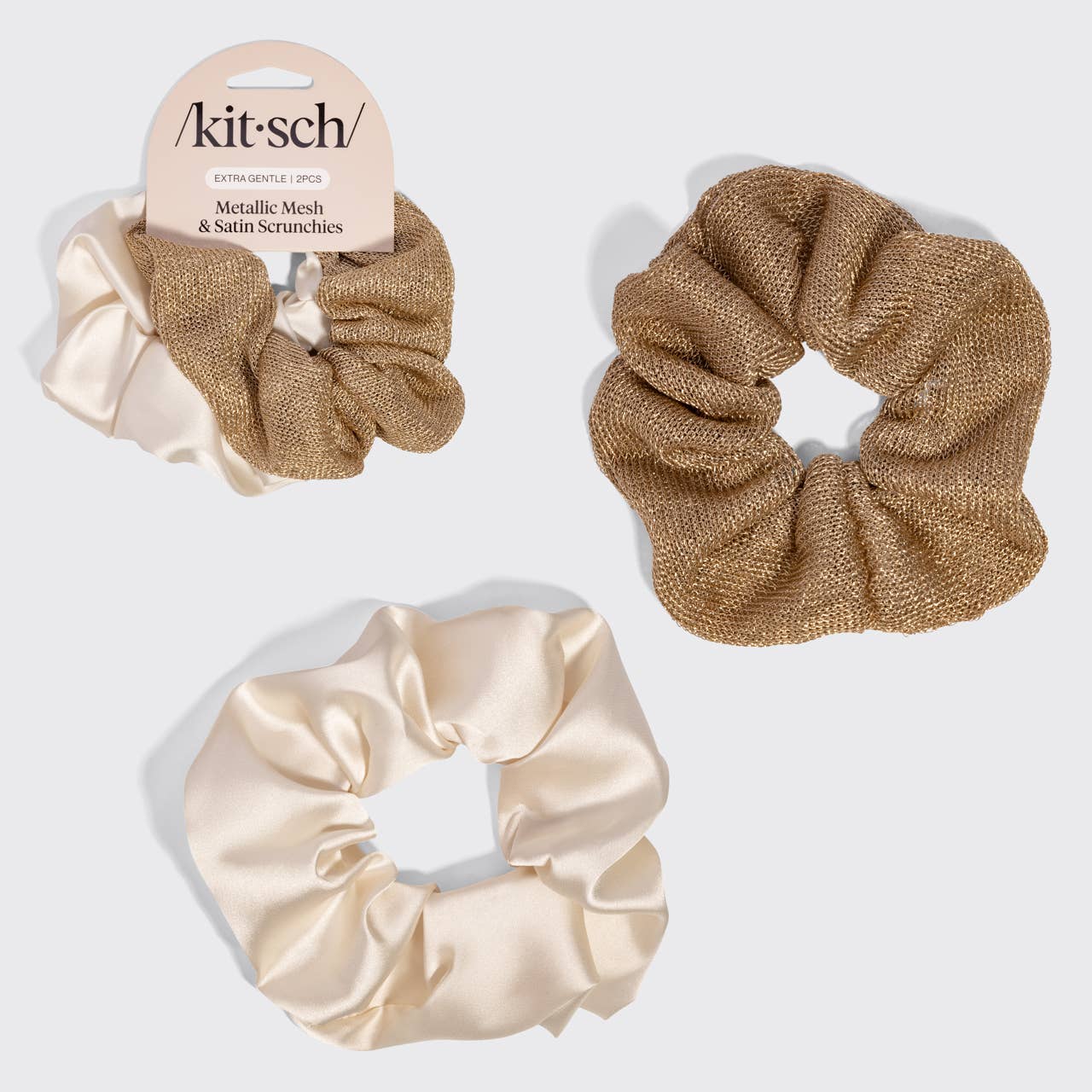 Metallic Mesh and Recycled Fabric Satin Scrunchies 2pc Set - Cream & Gold by KITSCH