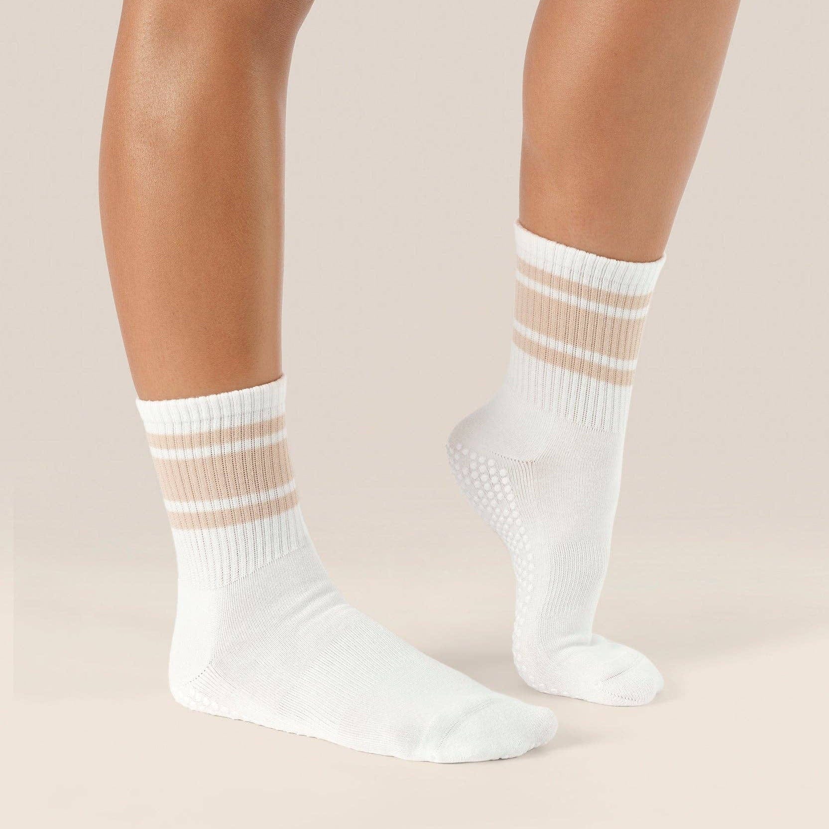 MoveActive Crew Non Slip Grip Socks – Almond Stripes Pilates & Studio Essentials S by MoveActive