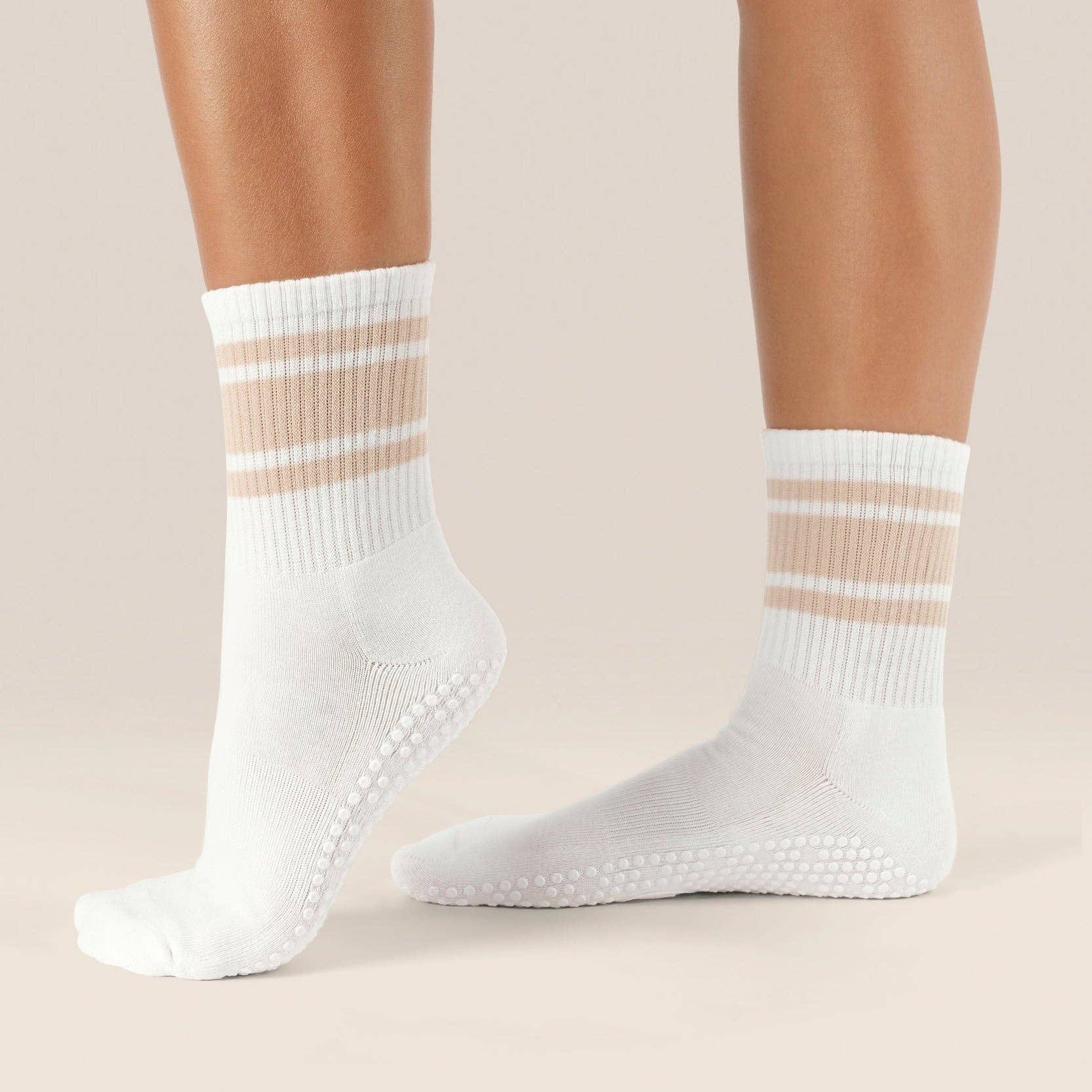 MoveActive Crew Non Slip Grip Socks – Almond Stripes Pilates & Studio Essentials S by MoveActive