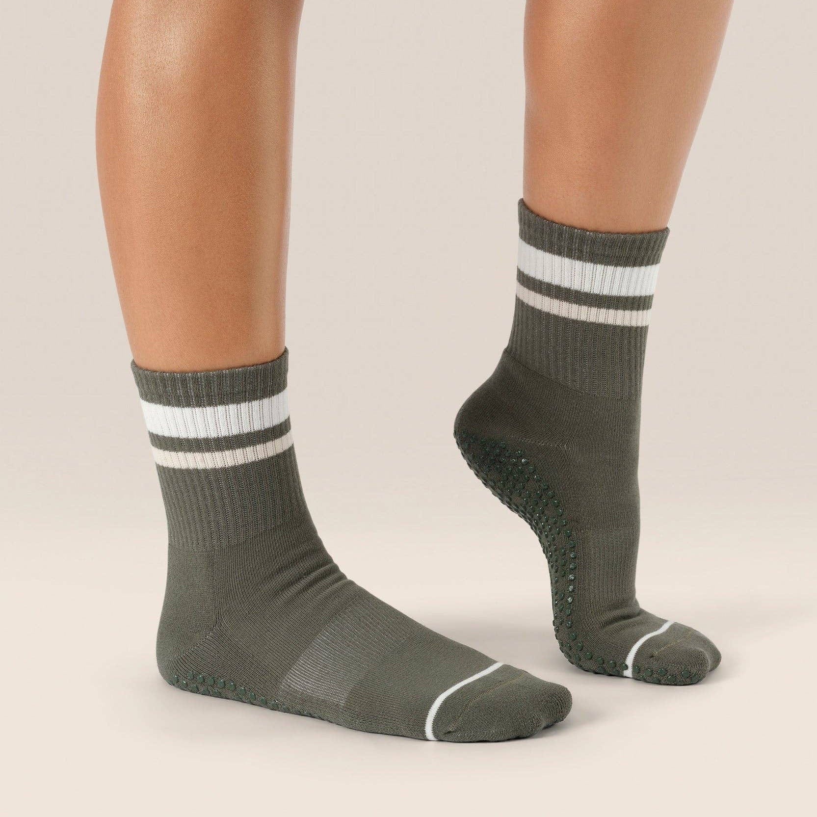MoveActive Crew Non Slip Grip Socks – Varsity Stripe Tan Pilates & Studio Essentials S by MoveActive