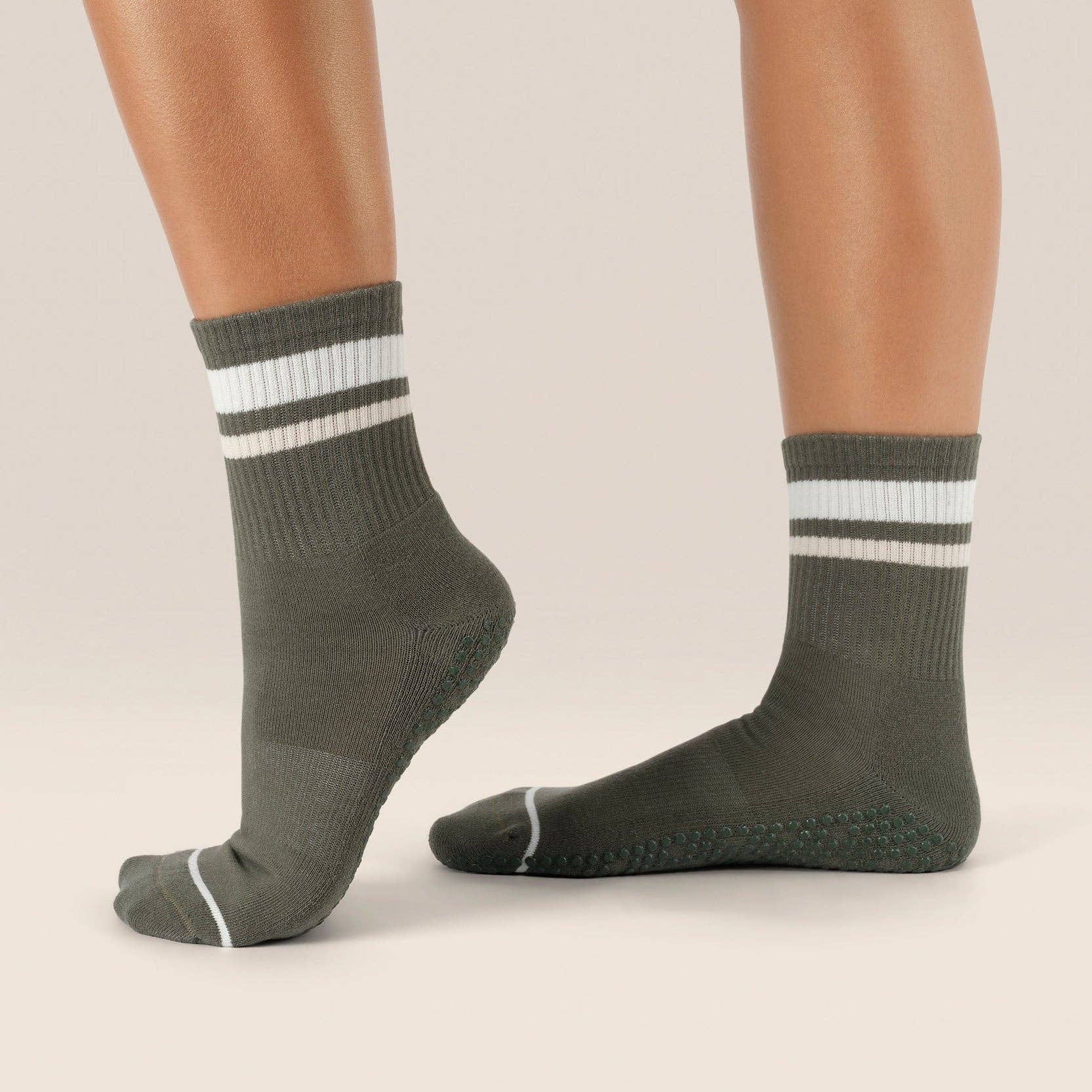 MoveActive Crew Non Slip Grip Socks – Varsity Stripe Tan Pilates & Studio Essentials S by MoveActive