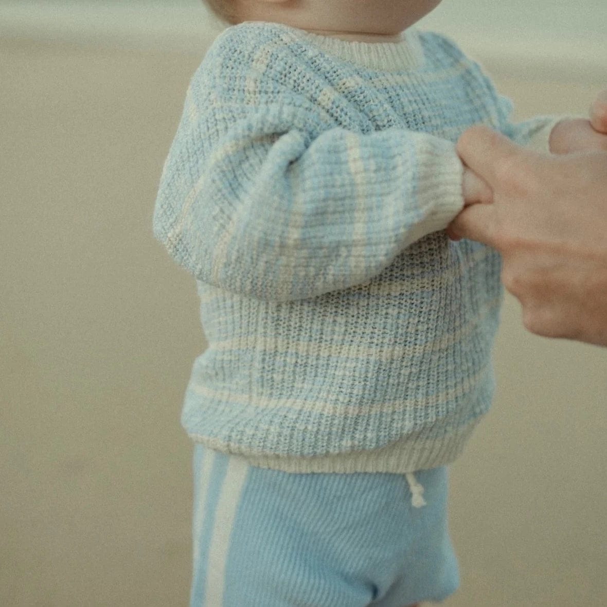 Organic Textured Rib Pull Over in Aqua/Milk by Grown