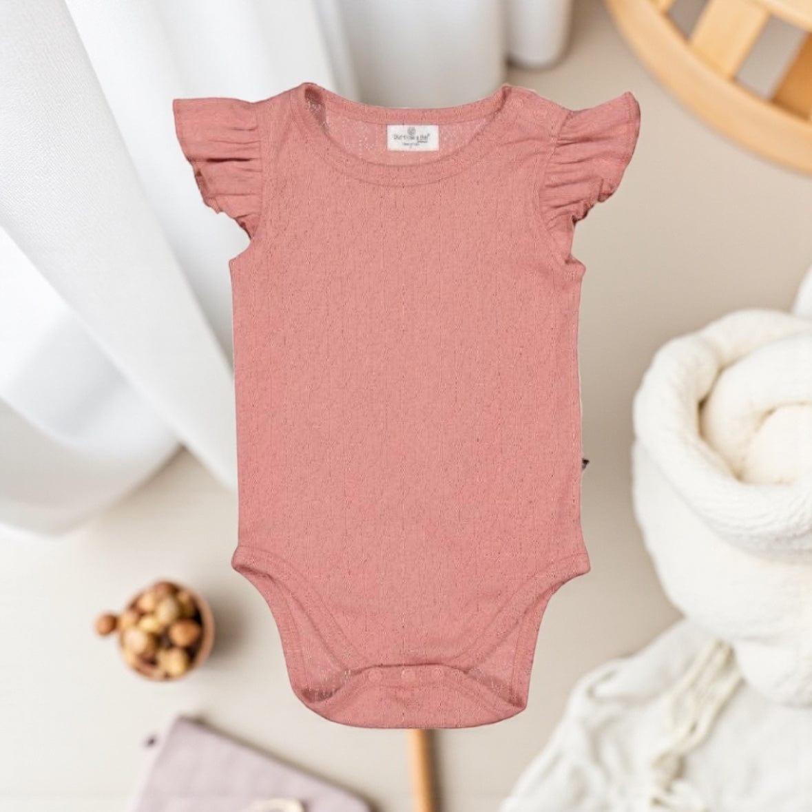 Pointelle Short Flutter Sleeve Onesie - Dusk by Burrow & Be Australia
