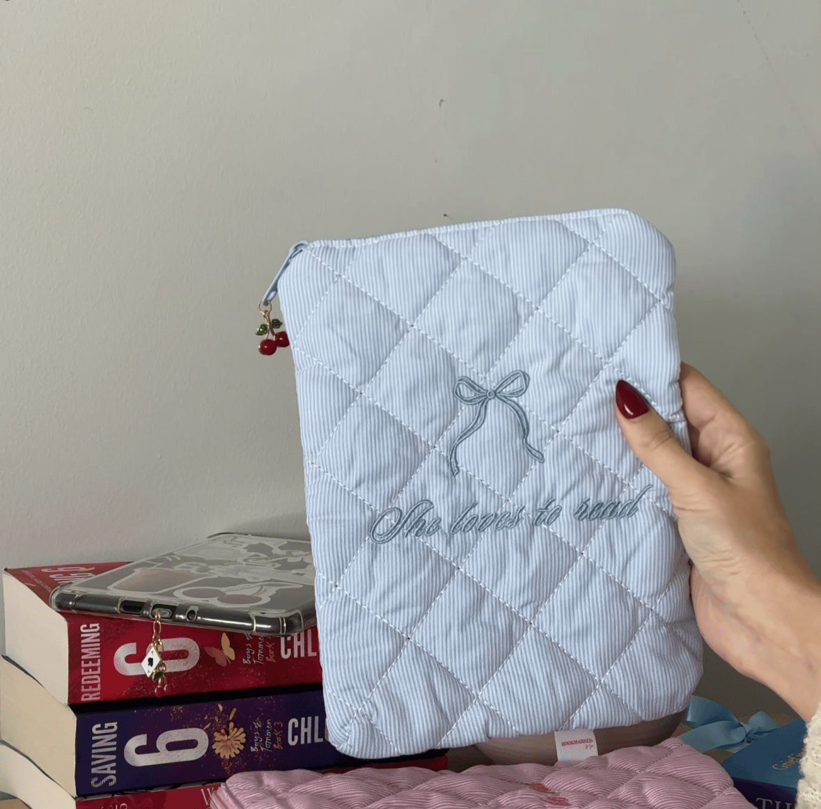 Quilted Kindle & E-Reader Sleeve - Pink + Blue by Bookmarked by Frya