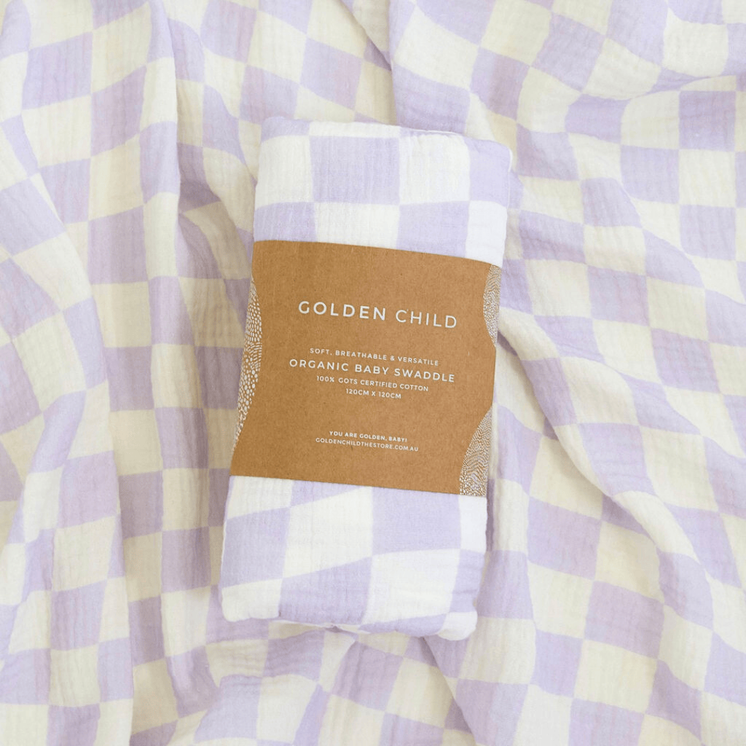 Wavy Baby Checked Organic Cotton Baby Swaddle - Lilac by Golden Child