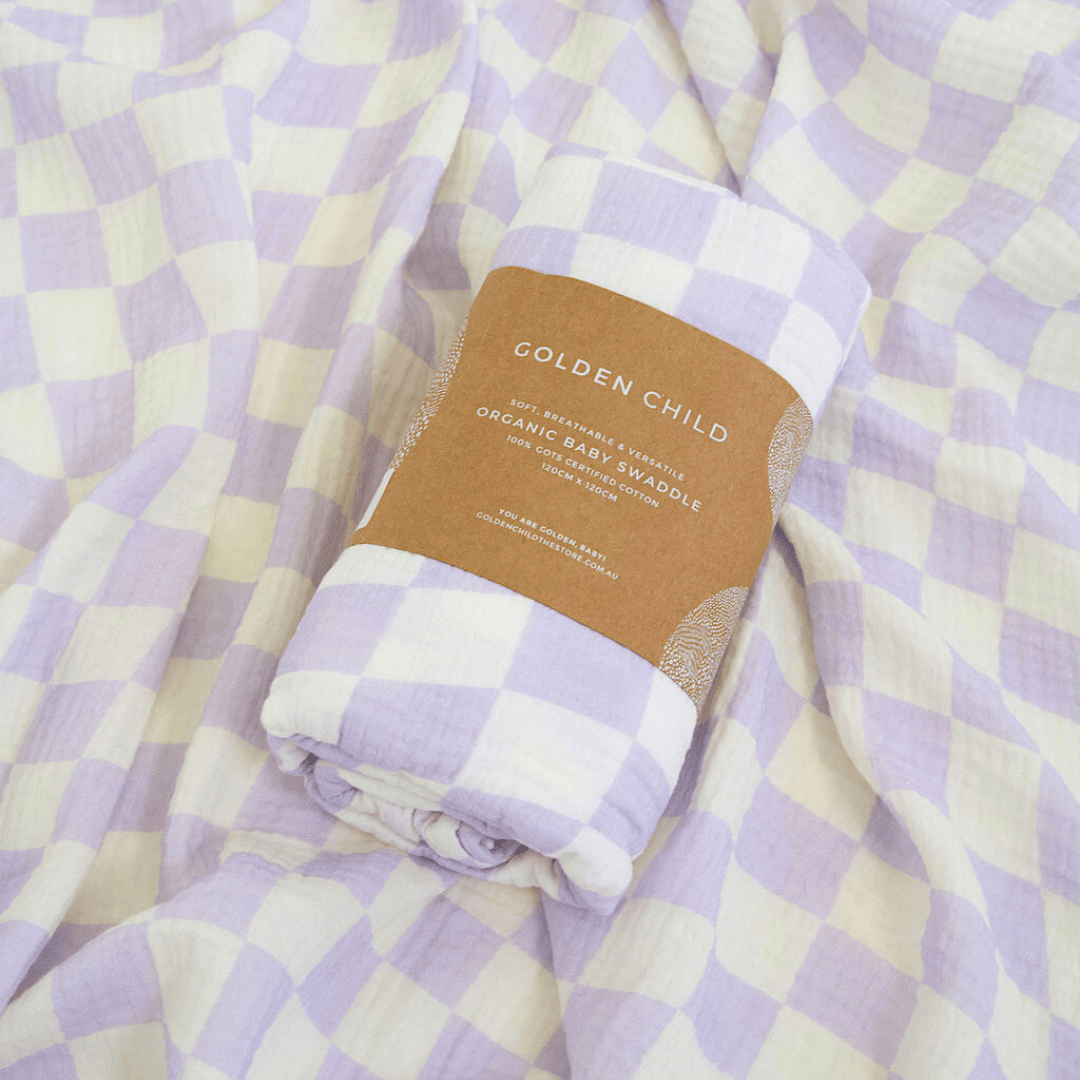 Wavy Baby Checked Organic Cotton Baby Swaddle - Lilac by Golden Child