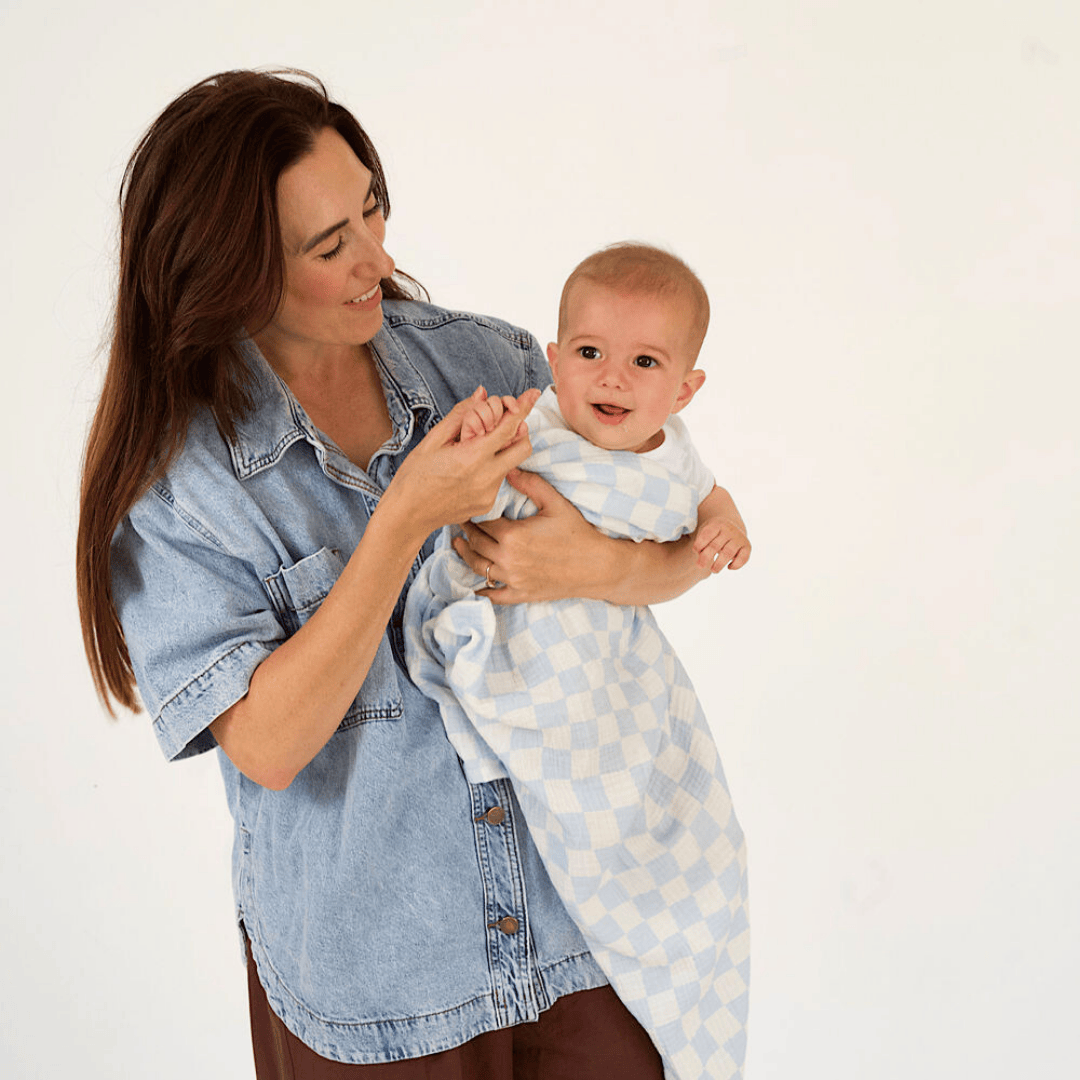 Wavy Baby Checked Organic Cotton Baby Swaddle - Ocean by Golden Child