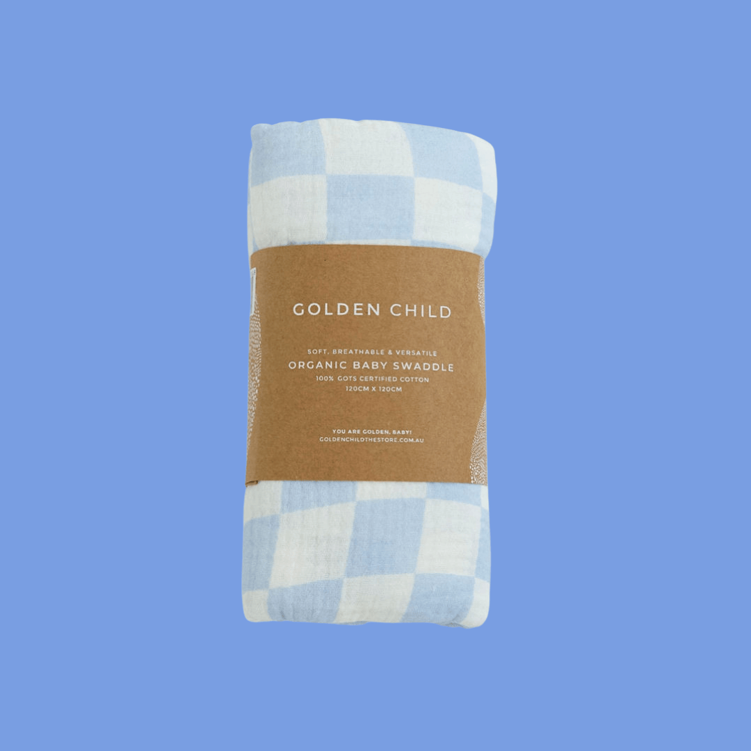 Wavy Baby Checked Organic Cotton Baby Swaddle - Ocean by Golden Child