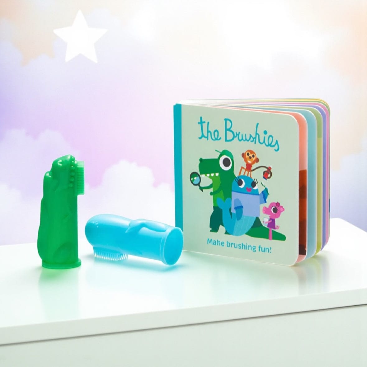Brushies Travel Pack Baby Tooth Brush and Book Set - 2 Styles Chomps and Willa - blue and green by Boutique Brands Australia