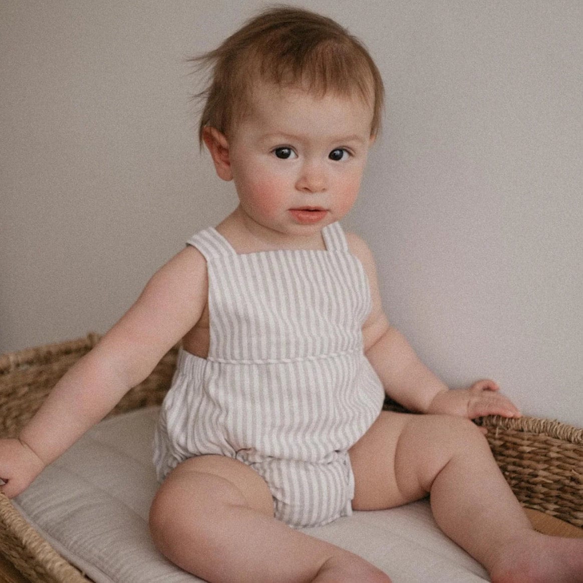 Charlie Baby Romper in Oatmeal Stripes by blue daisy