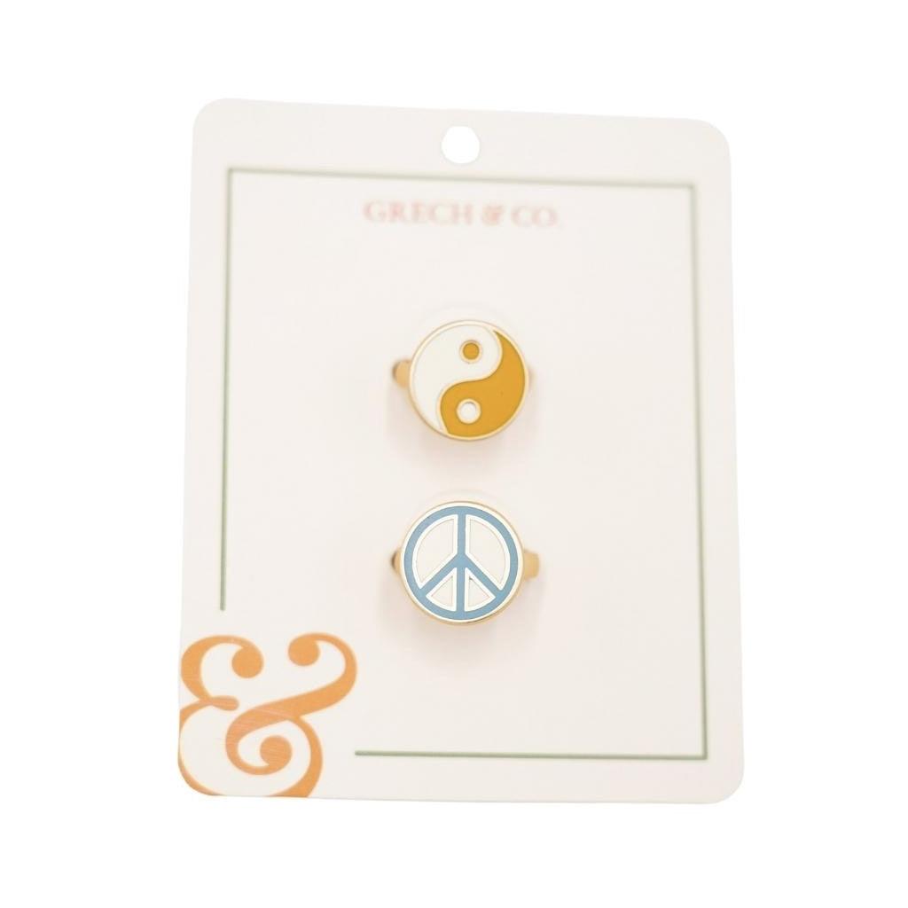 Enamel Rings-Kids set of 2 pairs - Ying Yang+Peace sign: One-size by GRECH & CO.