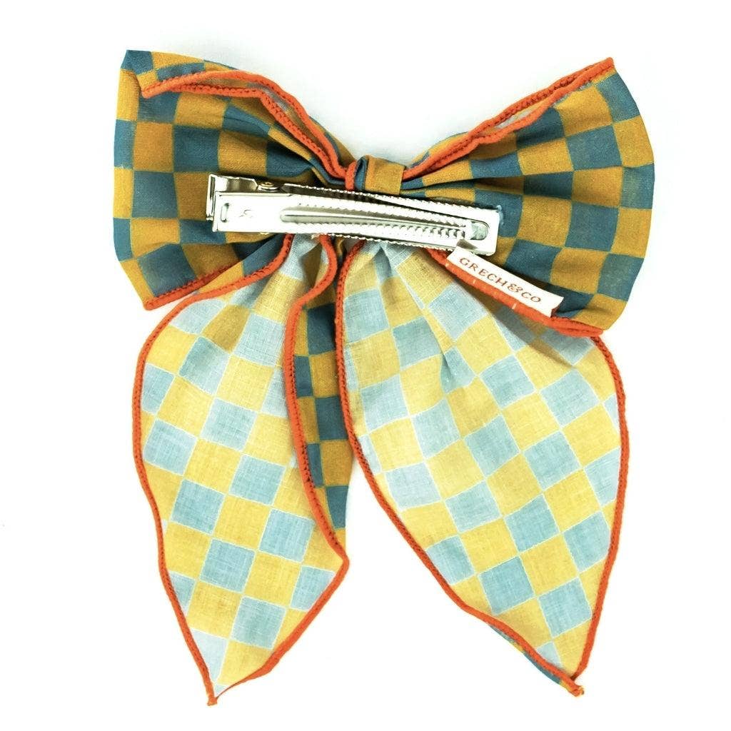 Fable Bow-Mid Size - Checks  Laguna + Wheat: One-size by GRECH & CO.