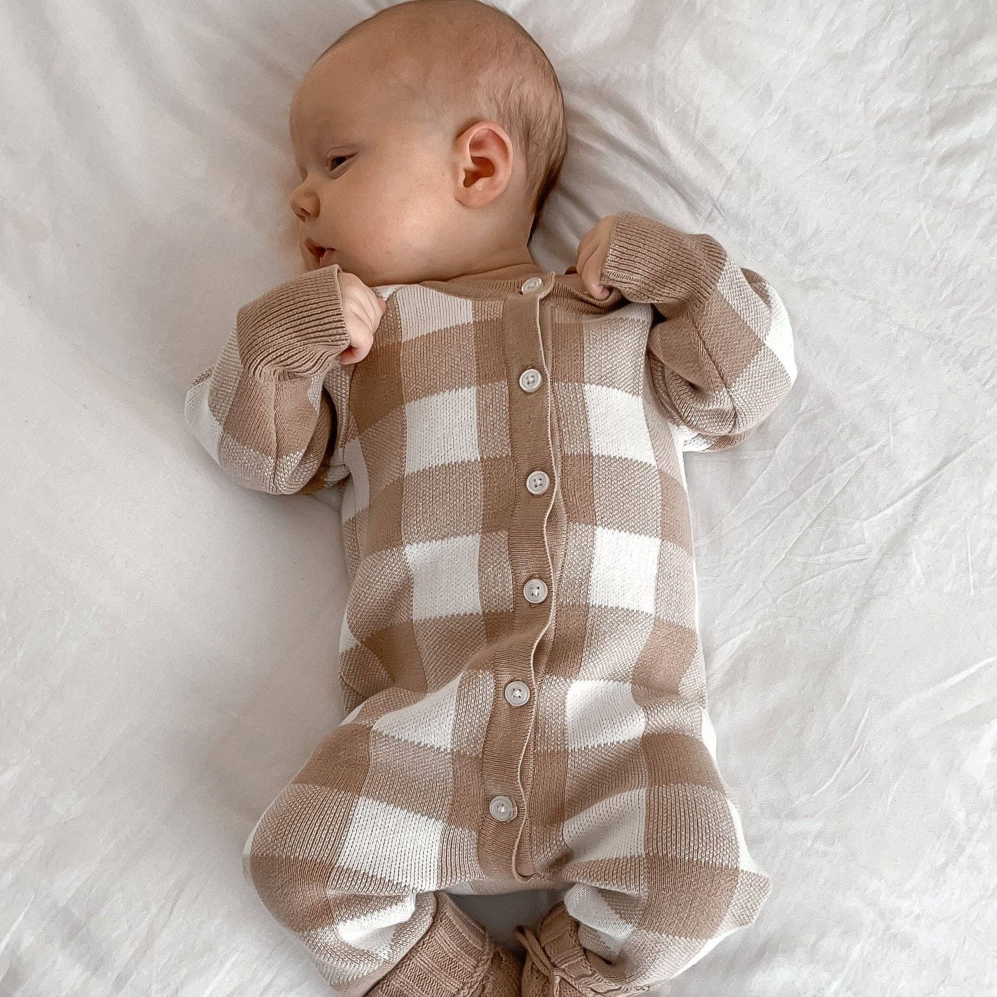GINGHAM ROMPER | TEDDY BROWN 0000 NB by Petite + Co