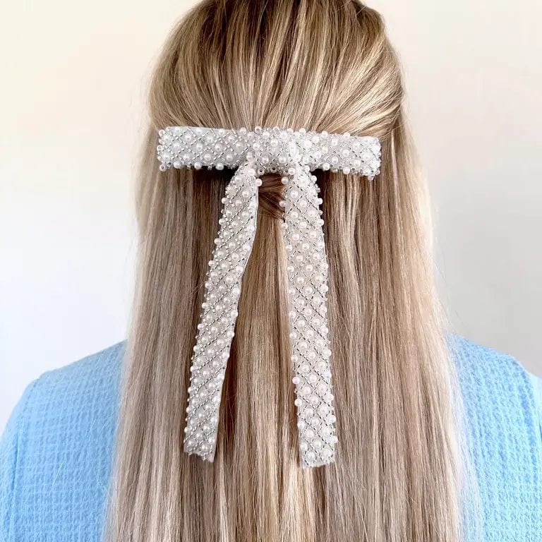 Hand Sewn Beaded Hair Bow Barrettes in 3 Styles Pearl and Silver Diamond Bead by Solar Eclipse