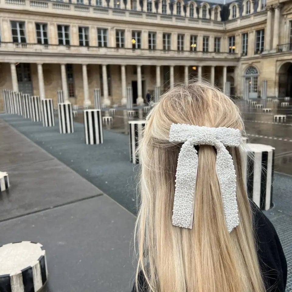 Hand Sewn Beaded Hair Bow Barrettes in 3 Styles White Pearl and Bead by Solar Eclipse