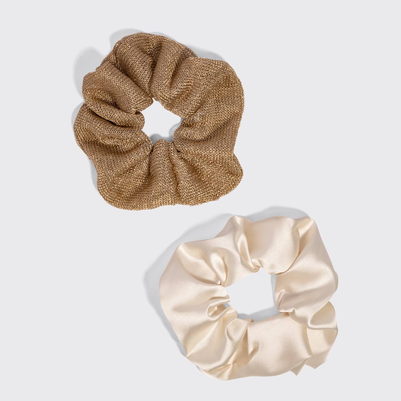 Metallic Mesh and Recycled Fabric Satin Scrunchies 2pc Set - Cream & Gold by KITSCH