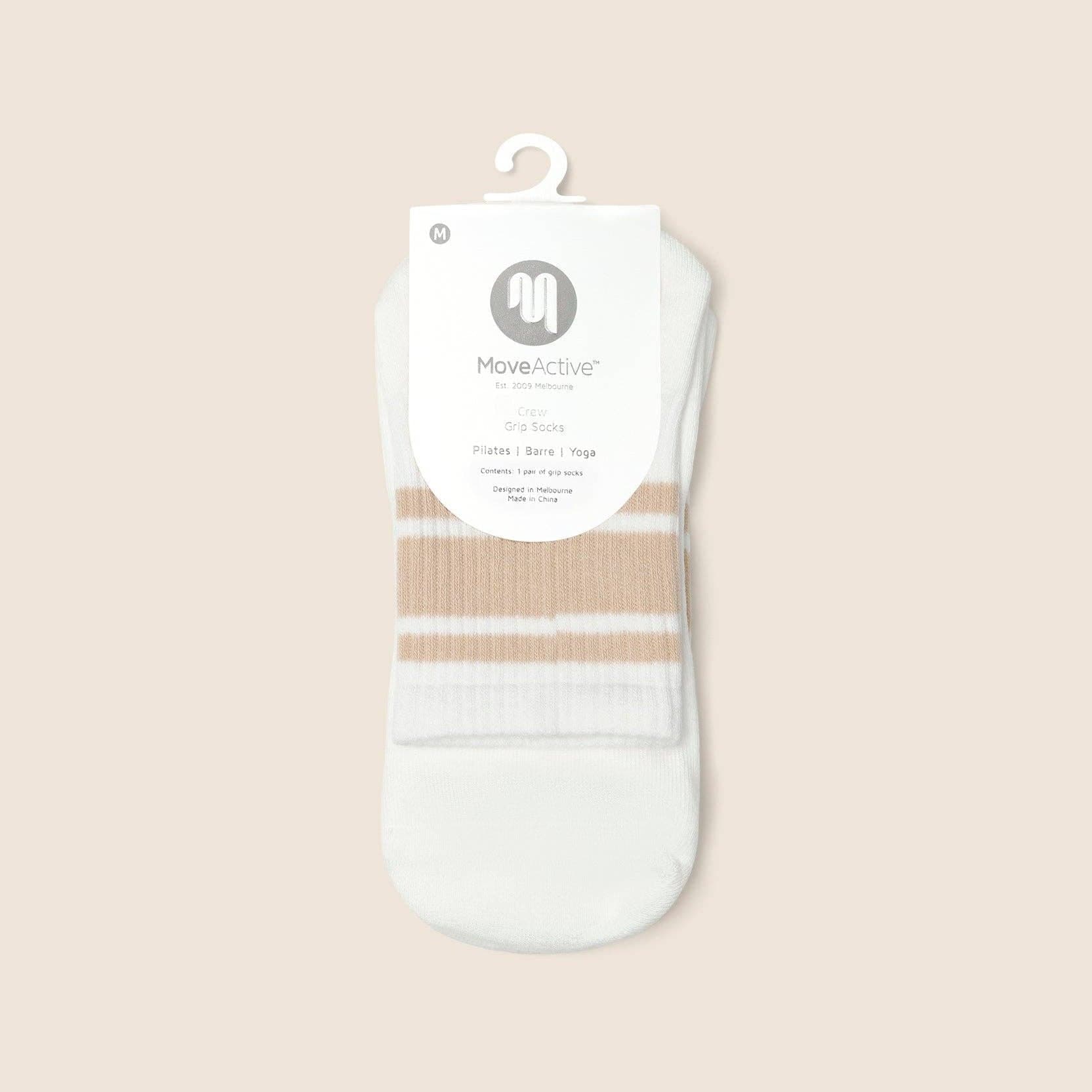 MoveActive Crew Non Slip Grip Socks – Almond Stripes  Pilates & Studio Essentials S by MoveActive