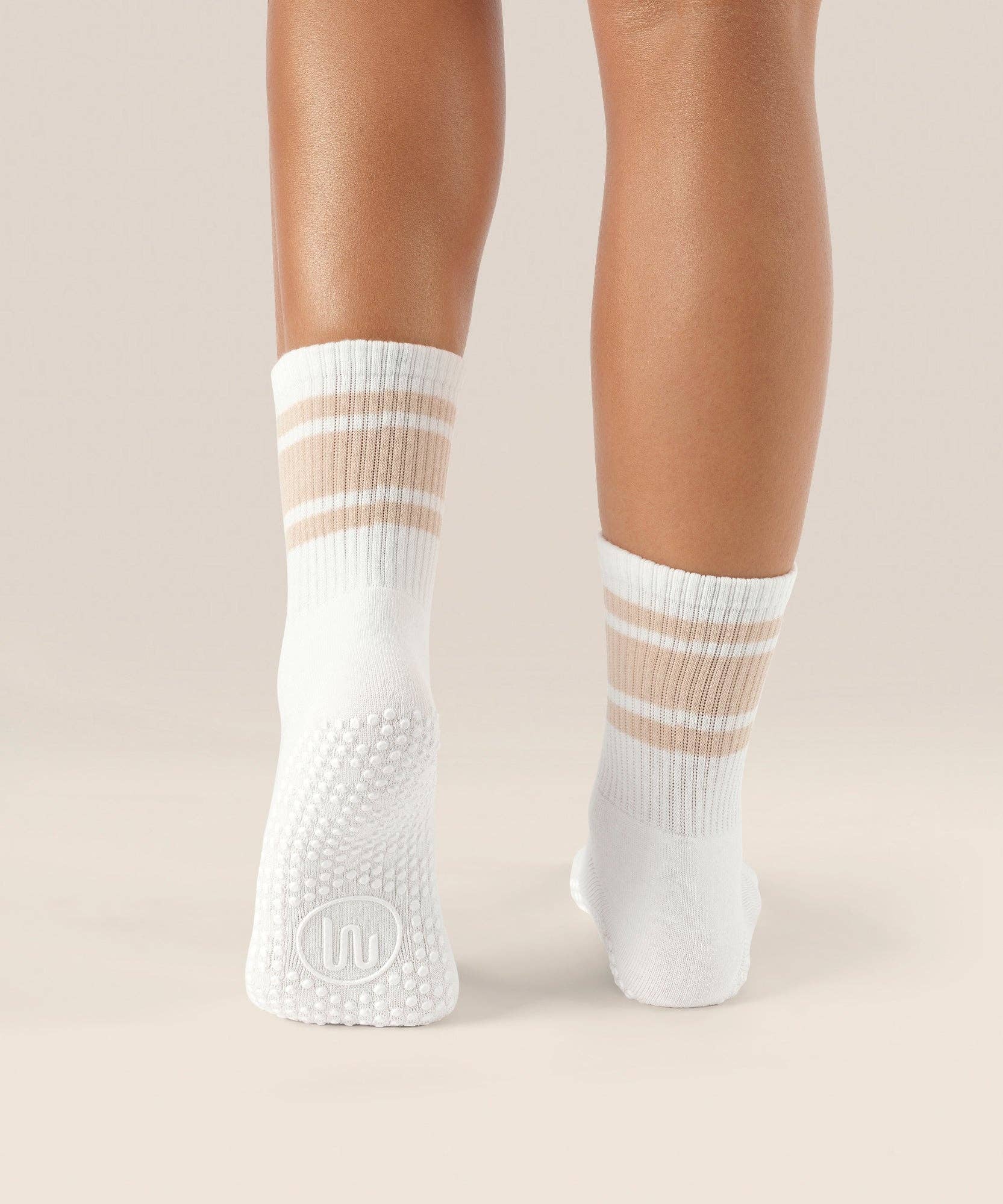 MoveActive Crew Non Slip Grip Socks – Almond Stripes  Pilates & Studio Essentials S by MoveActive