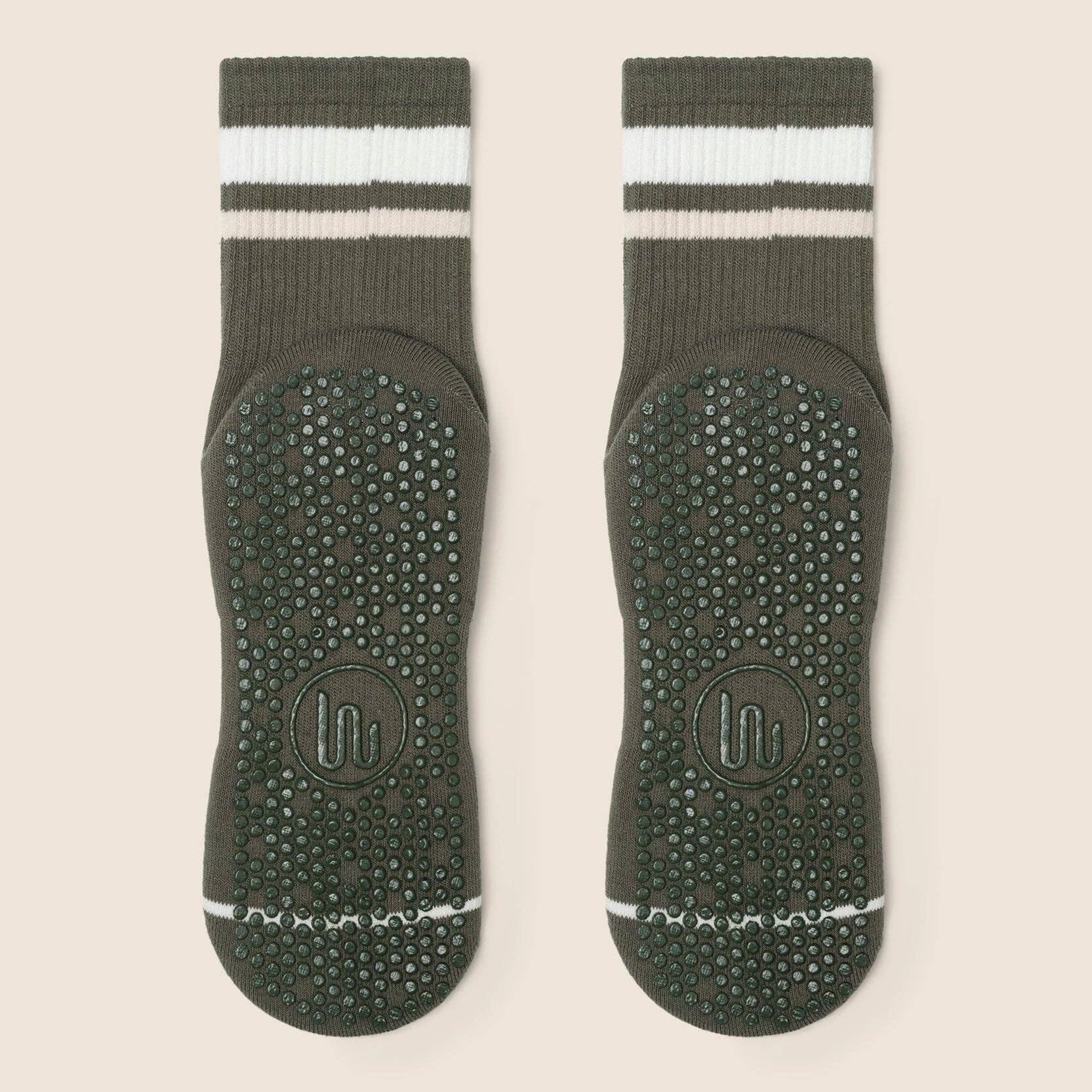 MoveActive Crew Non Slip Grip Socks – Varsity Stripe Tan Pilates & Studio Essentials S by MoveActive