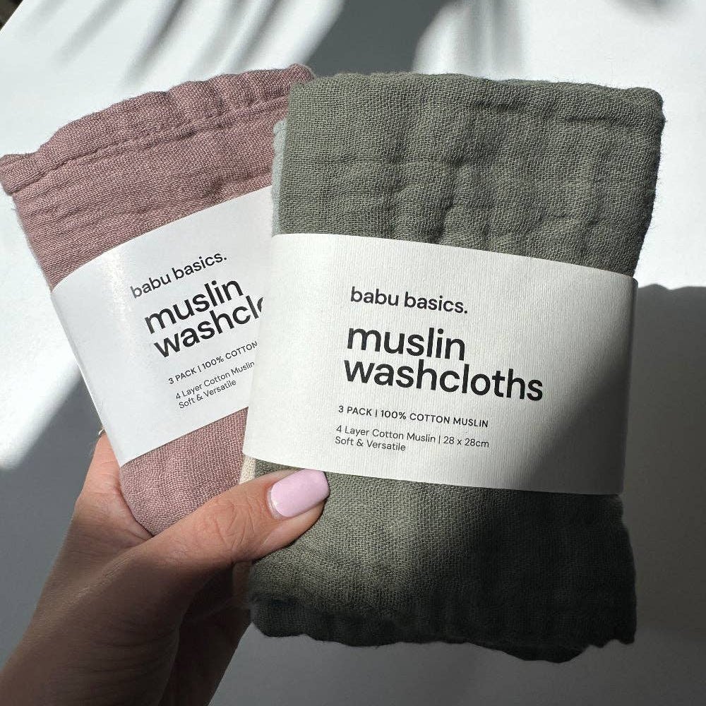 Muslin Wash Cloths (3 Pack) - Moss, Sage & Oat by Babu