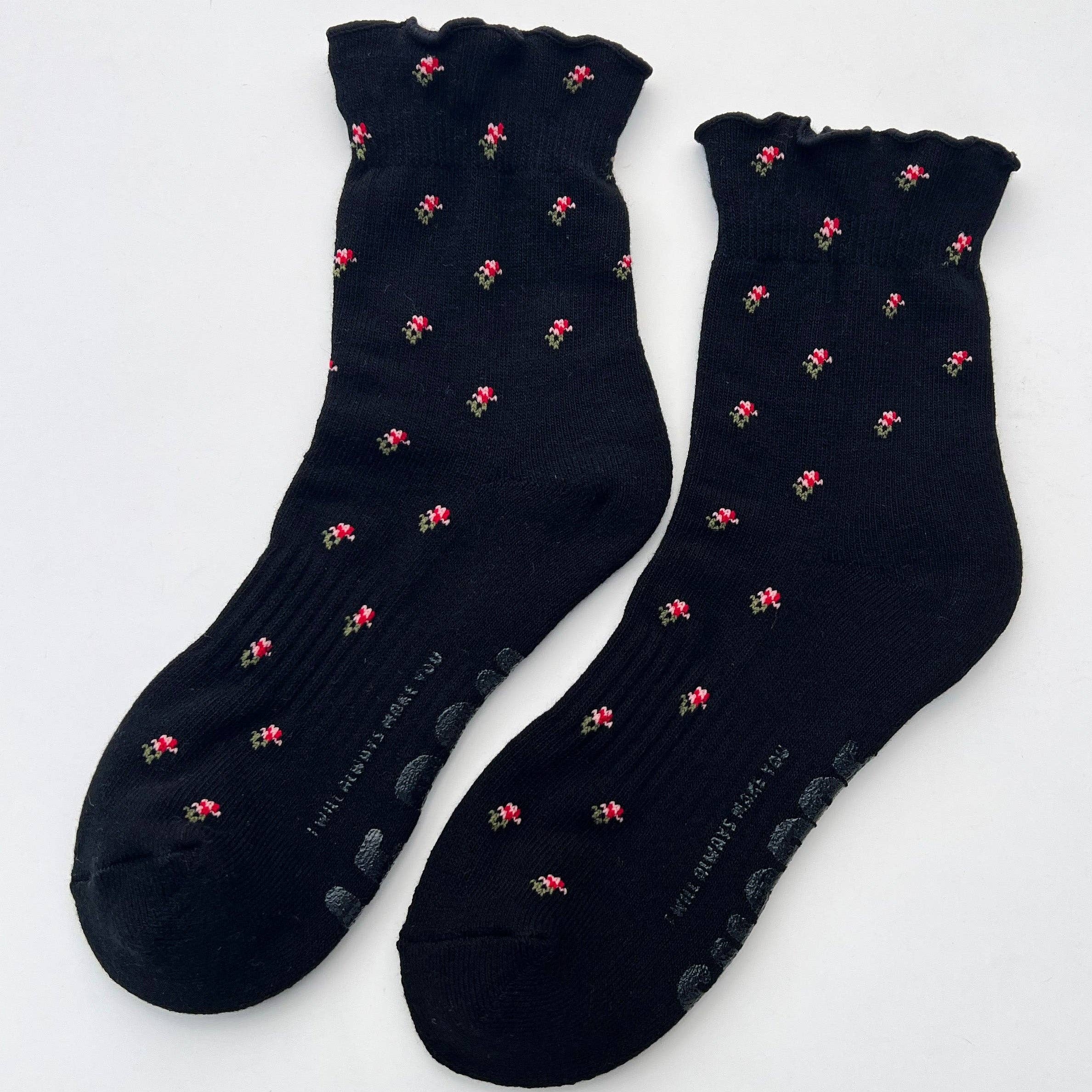 Petal Ruffled Hugger Crew Socks (Wholesale) Black Petal by Le Bon Shoppe