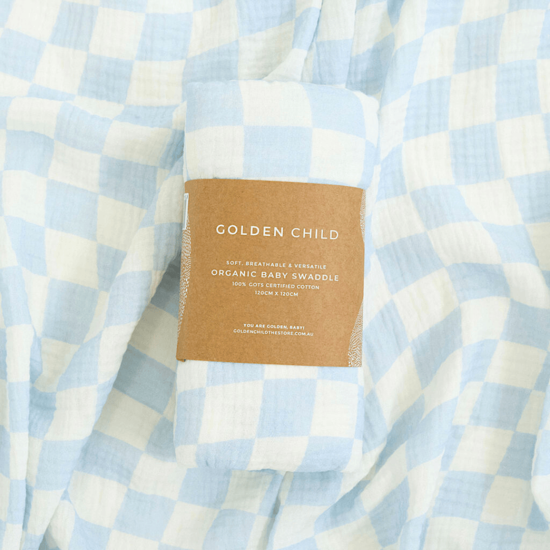 Wavy Baby Checked Organic Cotton Baby Swaddle - Ocean by Golden Child