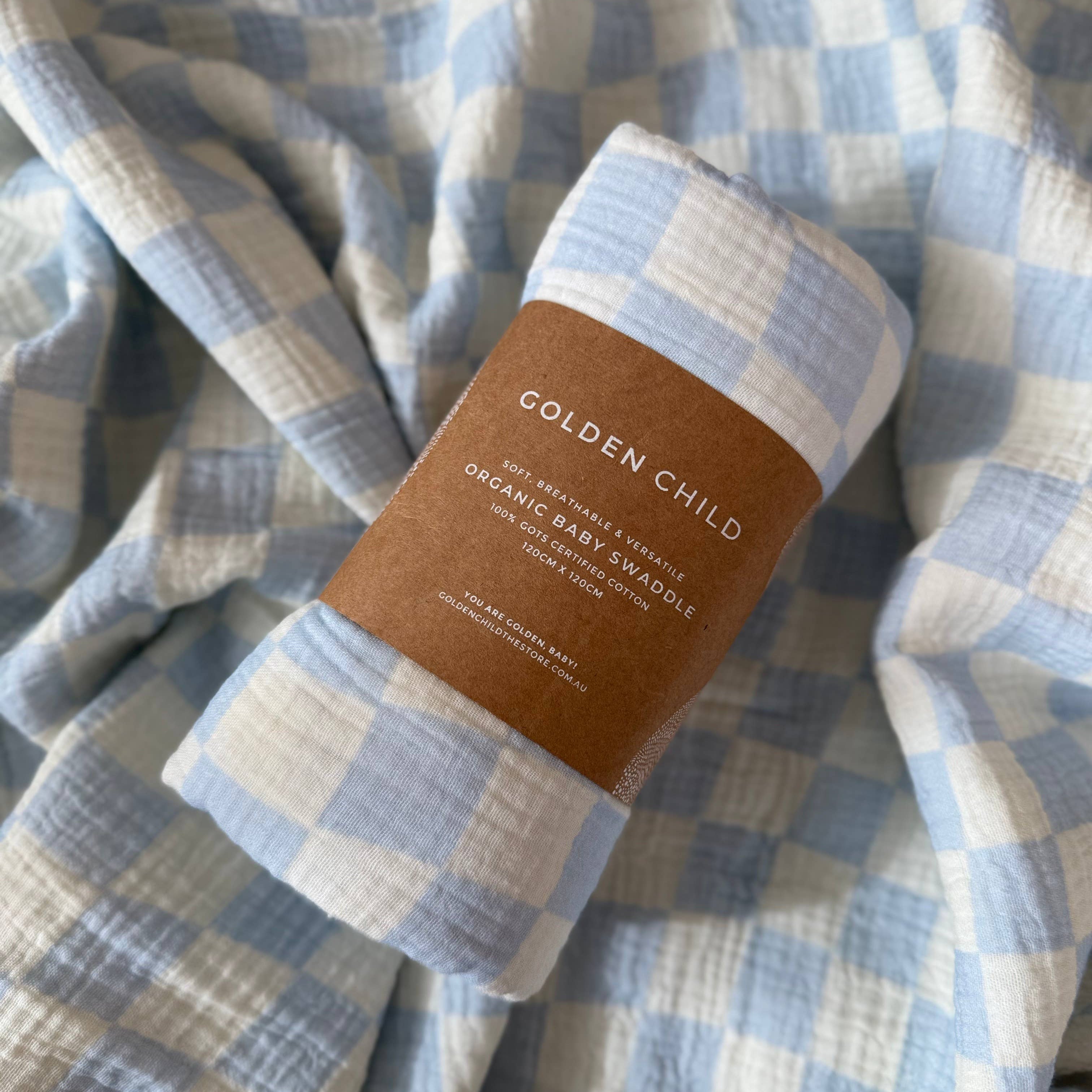 Wavy Baby Checked Organic Cotton Baby Swaddle - Ocean by Golden Child