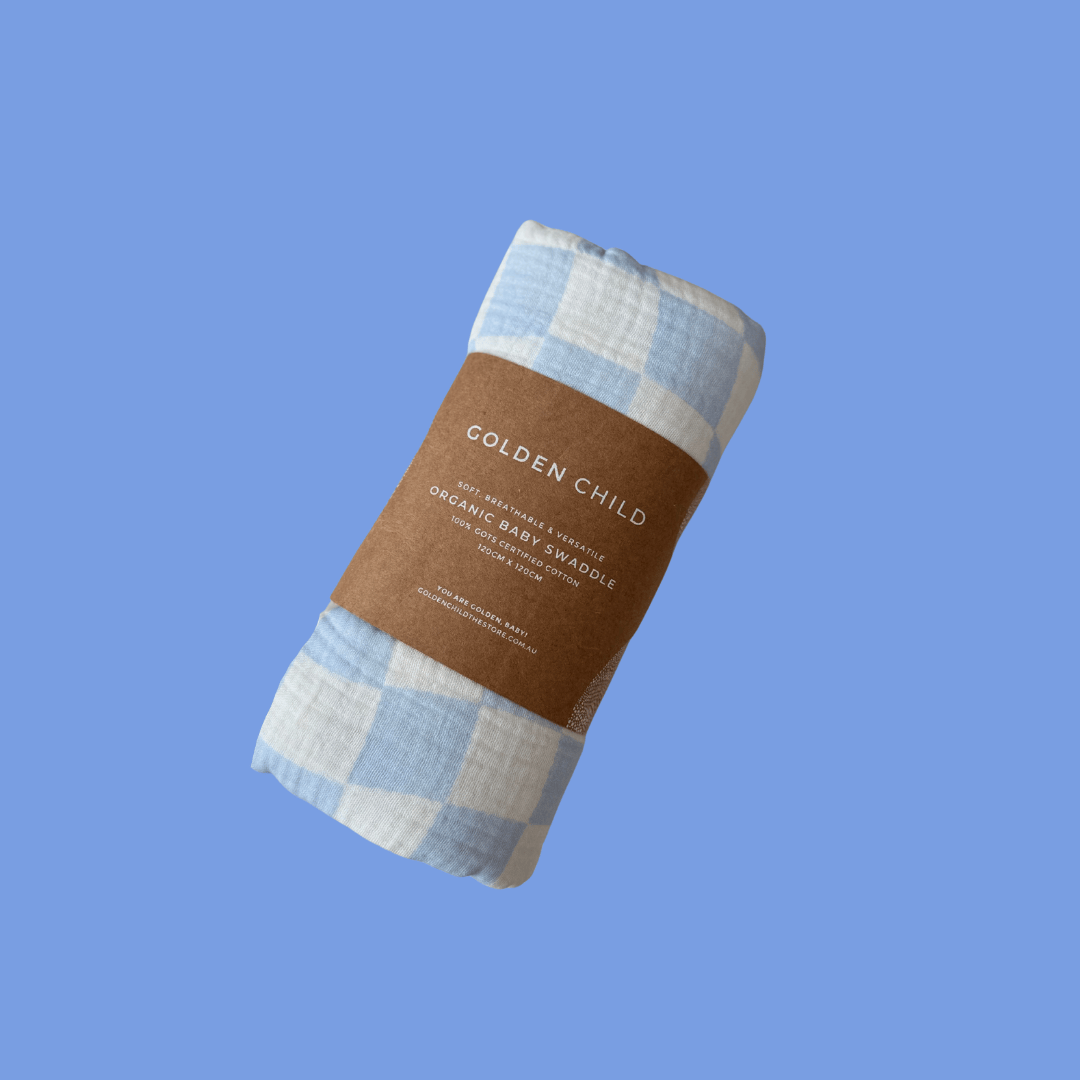 Wavy Baby Checked Organic Cotton Baby Swaddle - Ocean by Golden Child