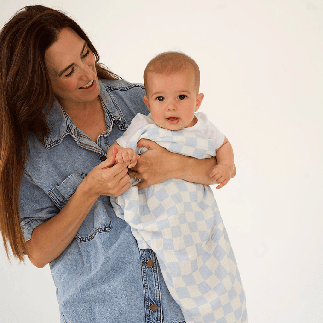 Wavy Baby Checked Organic Cotton Baby Swaddle - Ocean by Golden Child